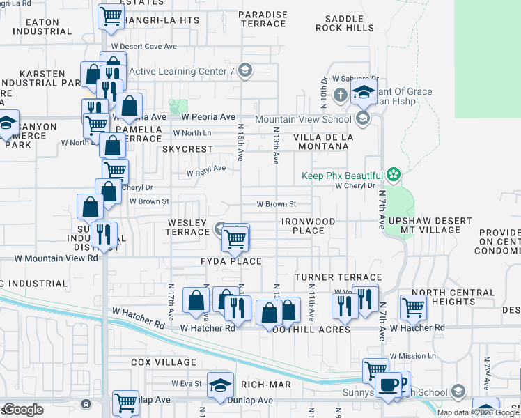map of restaurants, bars, coffee shops, grocery stores, and more near 1405 West Brown Street in Phoenix