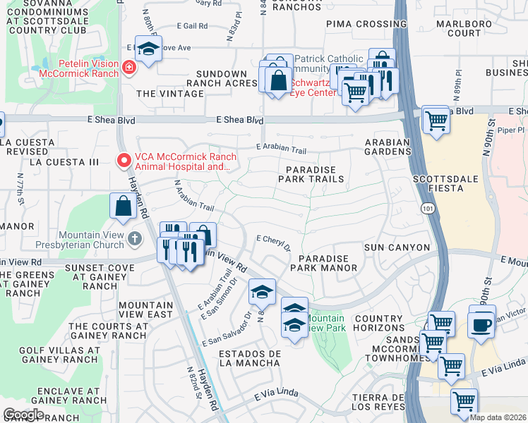 map of restaurants, bars, coffee shops, grocery stores, and more near 8407 East Welsh Trail in Scottsdale