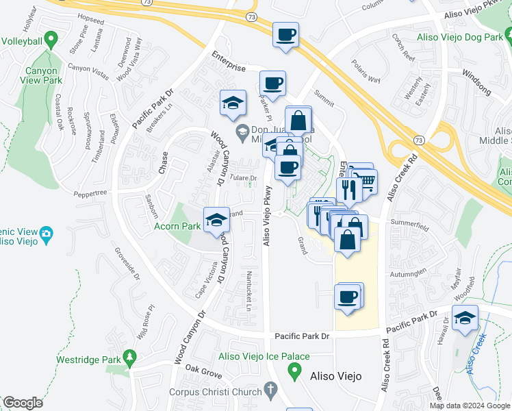 map of restaurants, bars, coffee shops, grocery stores, and more near 20 Kara Court in Aliso Viejo
