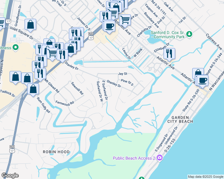 map of restaurants, bars, coffee shops, grocery stores, and more near 390 Di-Cindy Lane in Murrells Inlet