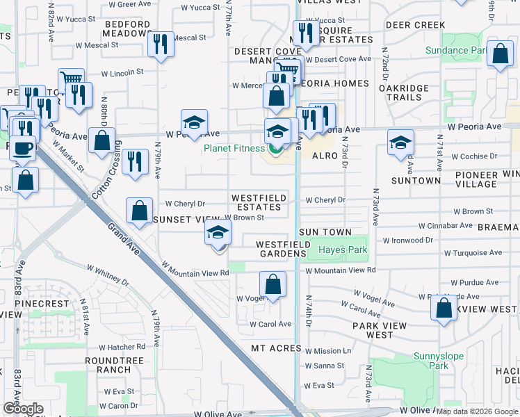 map of restaurants, bars, coffee shops, grocery stores, and more near 7601 West Cheryl Drive in Peoria