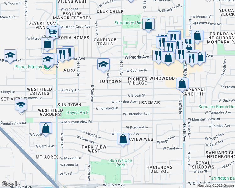 map of restaurants, bars, coffee shops, grocery stores, and more near 7108 West Brown Street in Peoria