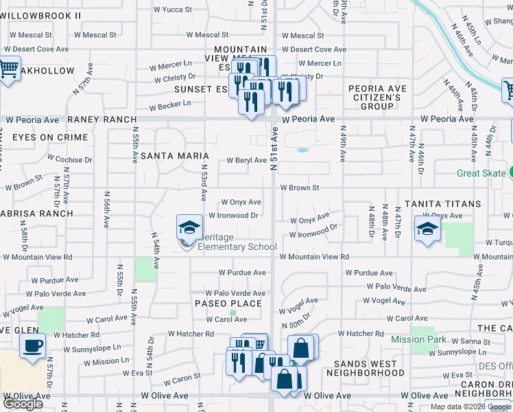 map of restaurants, bars, coffee shops, grocery stores, and more near 5119 West Onyx Avenue in Glendale