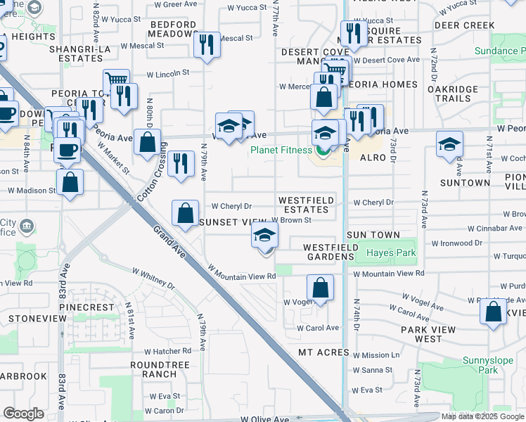 map of restaurants, bars, coffee shops, grocery stores, and more near 7725 W Cheryl Dr in Peoria