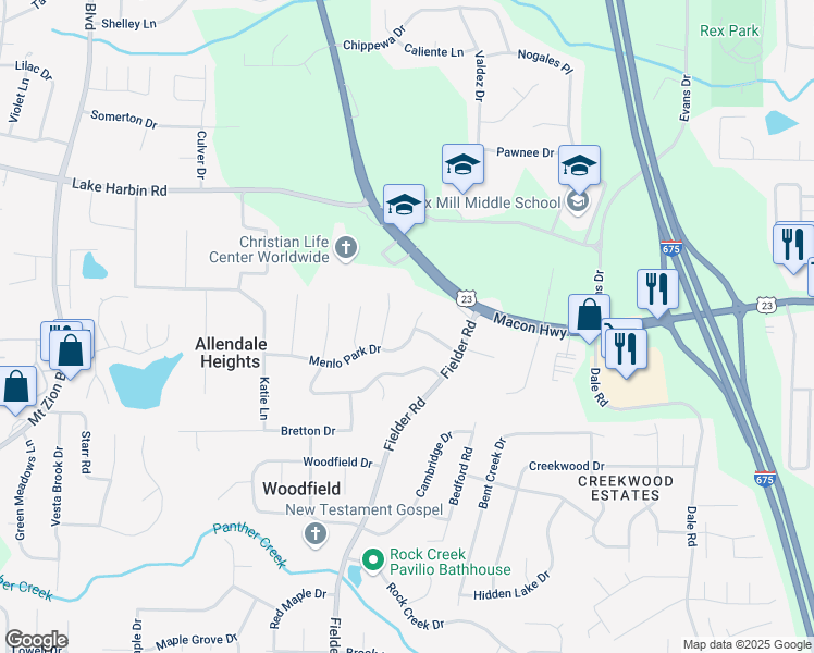 map of restaurants, bars, coffee shops, grocery stores, and more near 3074 Menlopark Drive in Rex