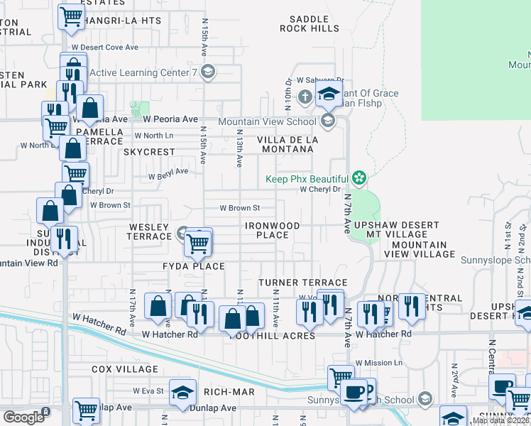 map of restaurants, bars, coffee shops, grocery stores, and more near 1111 West Brown Street in Phoenix