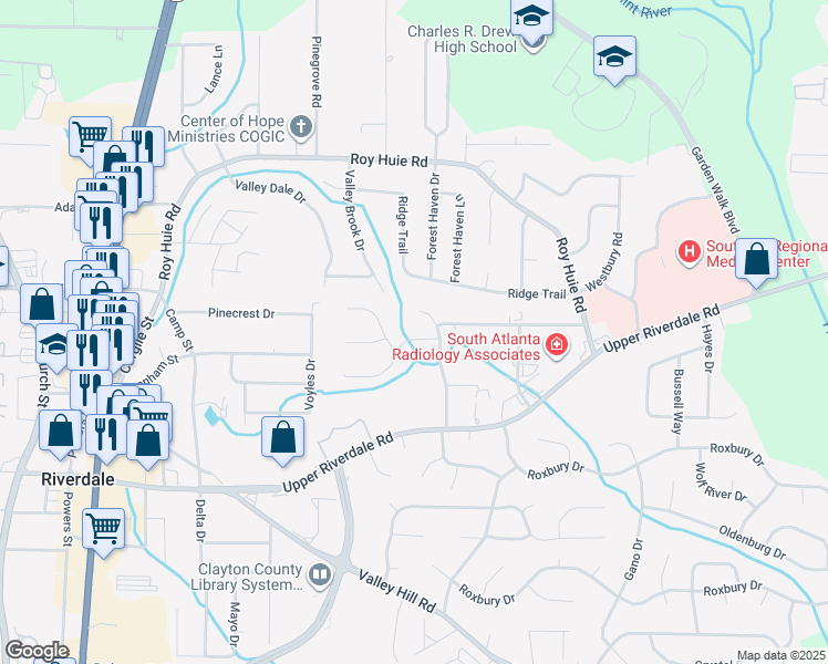 map of restaurants, bars, coffee shops, grocery stores, and more near 309 River Oak Drive in Riverdale