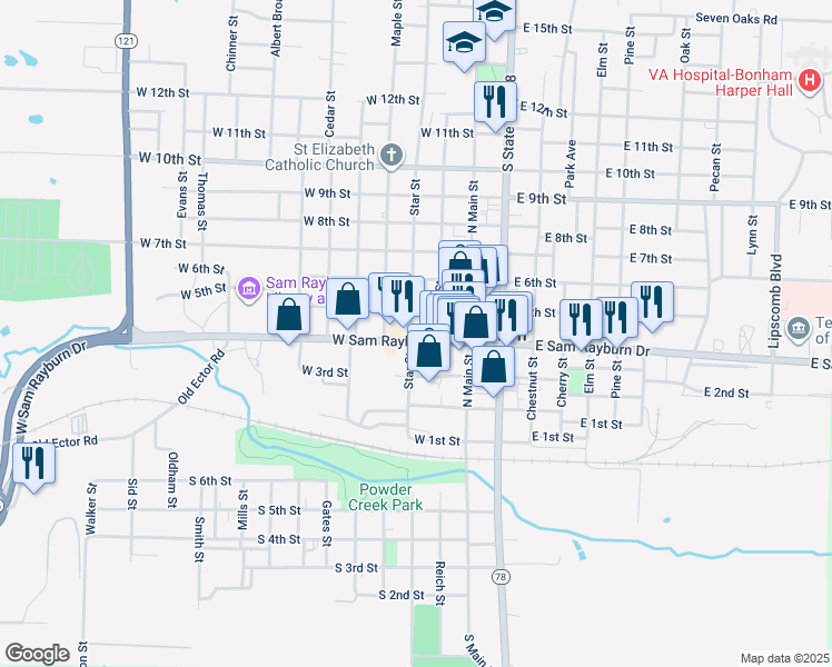 map of restaurants, bars, coffee shops, grocery stores, and more near 220 West Sam Rayburn Drive in Bonham