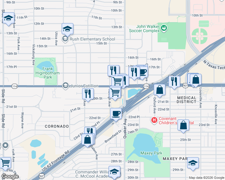 map of restaurants, bars, coffee shops, grocery stores, and more near 4421 19th Street in Lubbock