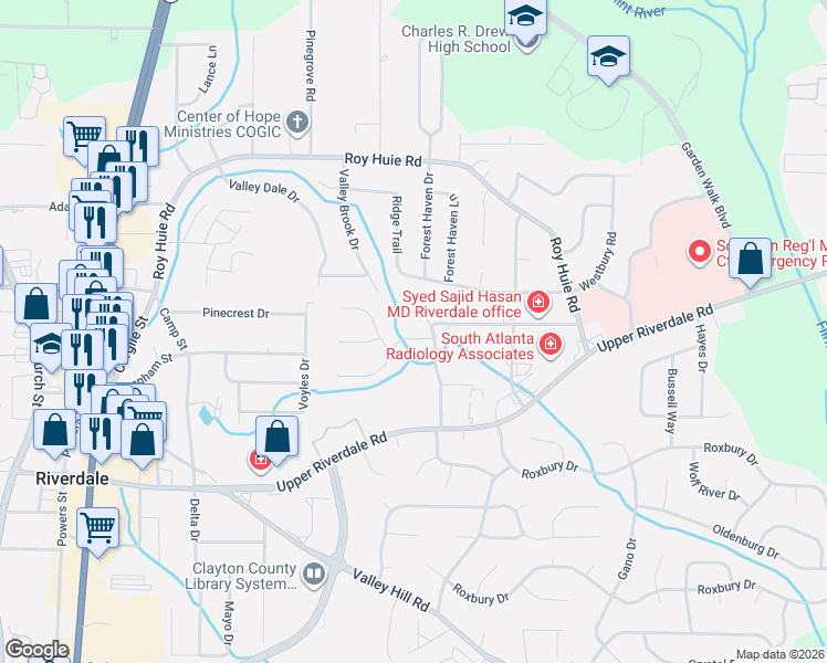 map of restaurants, bars, coffee shops, grocery stores, and more near 309 River Oak Drive in Riverdale