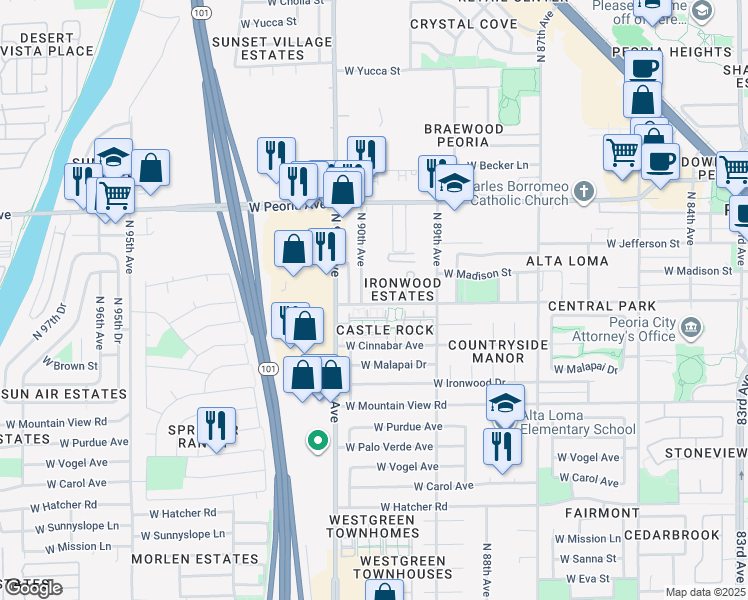 map of restaurants, bars, coffee shops, grocery stores, and more near 8982 West Monroe Street in Peoria