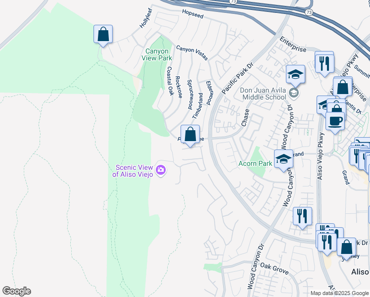map of restaurants, bars, coffee shops, grocery stores, and more near 19 Vista Del Cerro in Aliso Viejo
