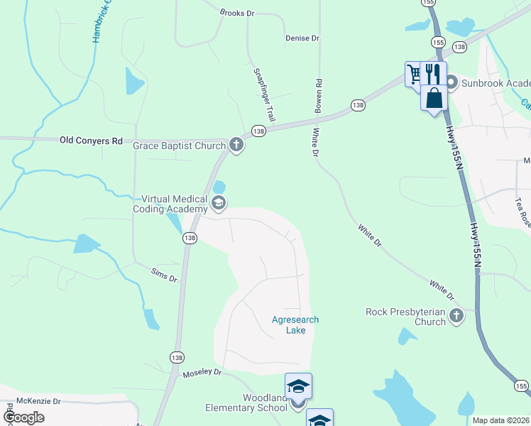 map of restaurants, bars, coffee shops, grocery stores, and more near 150 White Acres Drive in Stockbridge