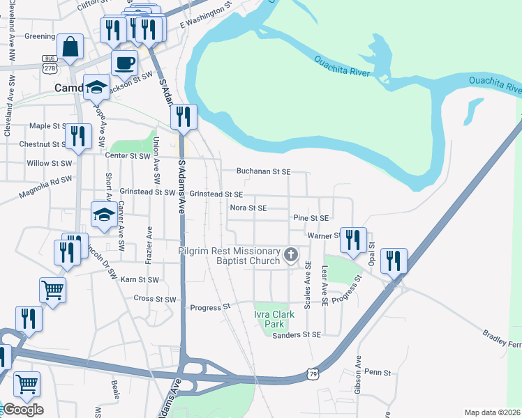 map of restaurants, bars, coffee shops, grocery stores, and more near 517 Secession Avenue Southeast in Camden