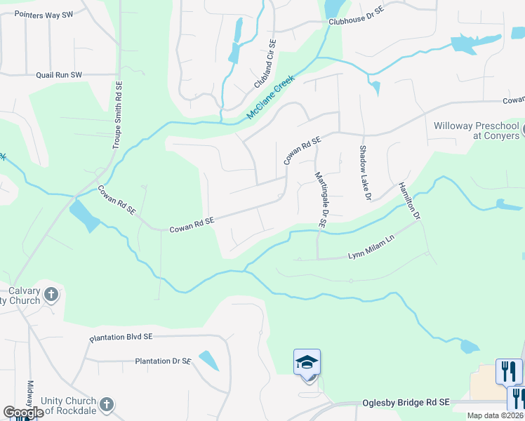 map of restaurants, bars, coffee shops, grocery stores, and more near 300 Landon Drive Southeast in Conyers