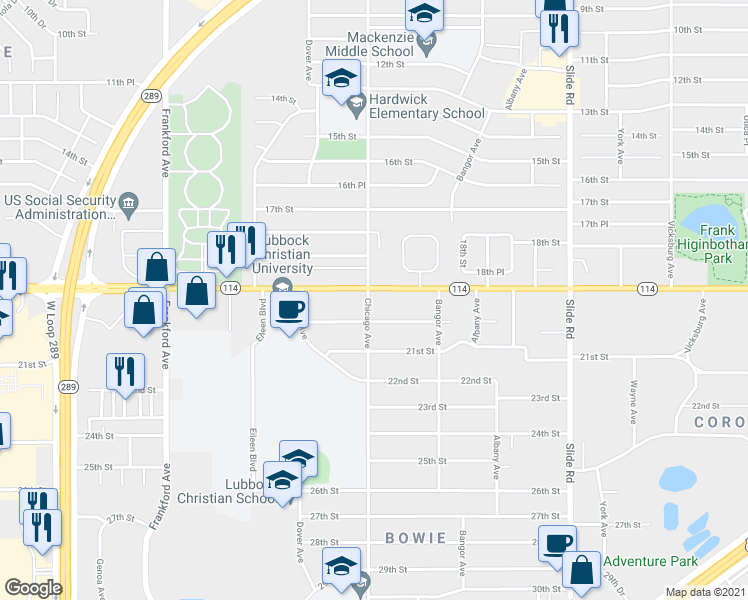map of restaurants, bars, coffee shops, grocery stores, and more near 5413 19th Street in Lubbock