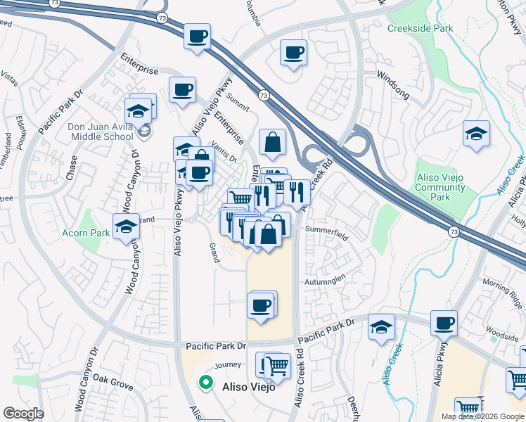 map of restaurants, bars, coffee shops, grocery stores, and more near Town Center in Aliso Viejo