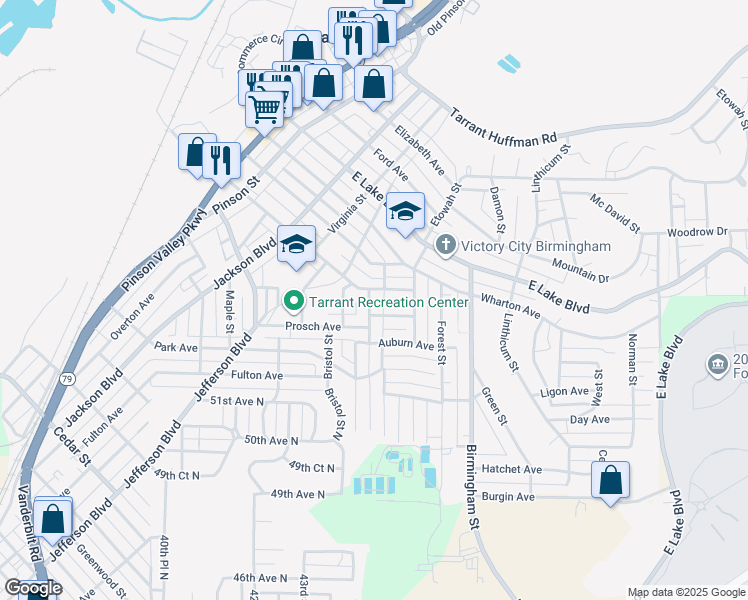 map of restaurants, bars, coffee shops, grocery stores, and more near 1241 Waverly Street in Birmingham