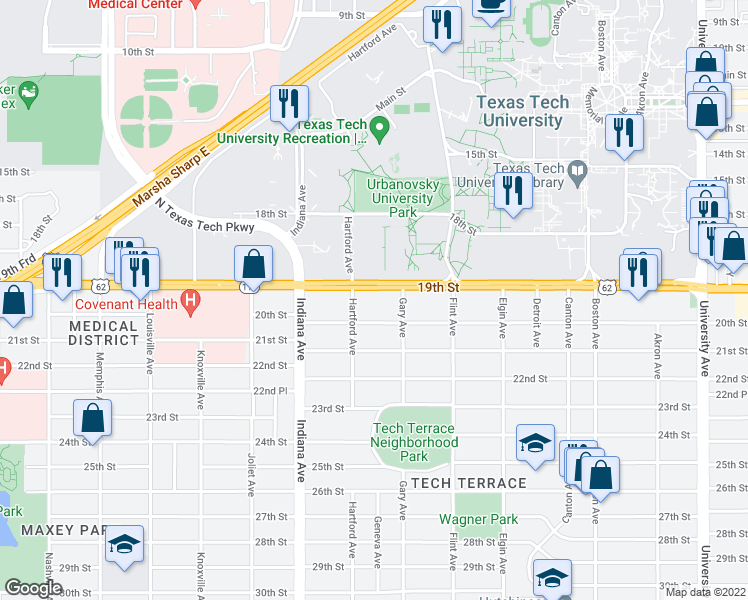 map of restaurants, bars, coffee shops, grocery stores, and more near 3215 19th Street in Lubbock
