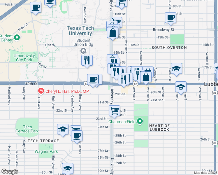 map of restaurants, bars, coffee shops, grocery stores, and more near 2501 19th Street in Lubbock
