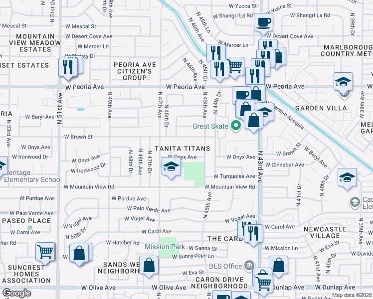map of restaurants, bars, coffee shops, grocery stores, and more near 4537 West Cinnabar Avenue in Glendale