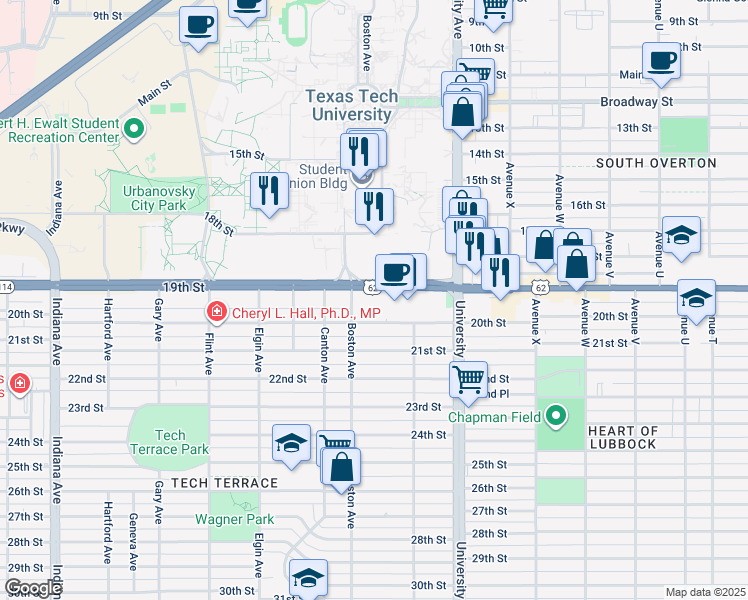 map of restaurants, bars, coffee shops, grocery stores, and more near 2619 19th Street in Lubbock