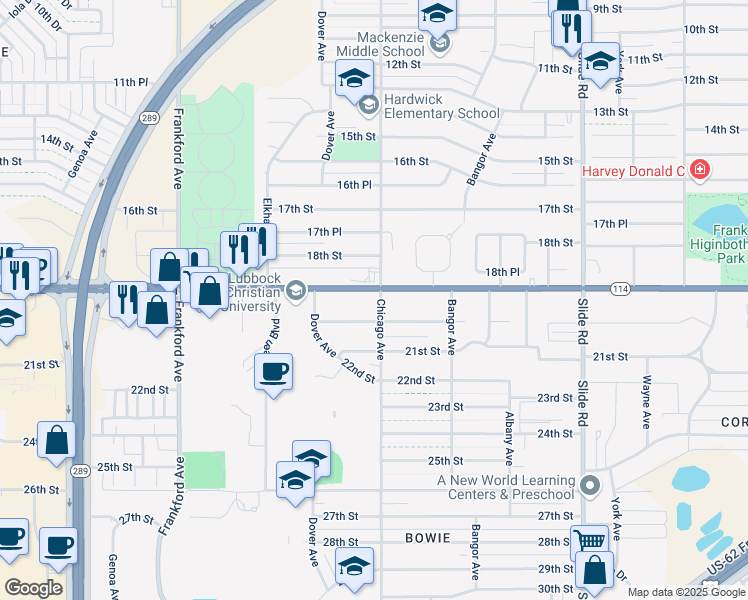 map of restaurants, bars, coffee shops, grocery stores, and more near 5413 19th Street in Lubbock