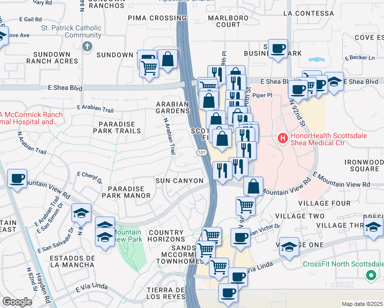 map of restaurants, bars, coffee shops, grocery stores, and more near 10101 North Arabian Trail in Scottsdale