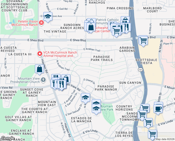 map of restaurants, bars, coffee shops, grocery stores, and more near 8407 East Welsh Trail in Scottsdale