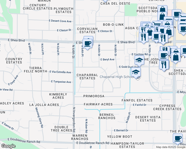 map of restaurants, bars, coffee shops, grocery stores, and more near 6512 East Turquoise Avenue in Paradise Valley