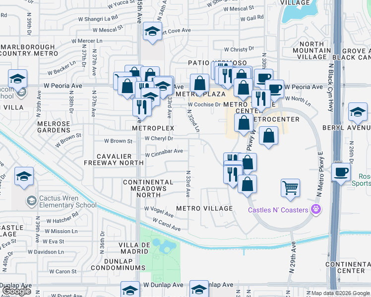 map of restaurants, bars, coffee shops, grocery stores, and more near 3231 West Brown Street in Phoenix
