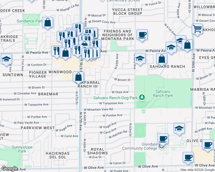 map of restaurants, bars, coffee shops, grocery stores, and more near 10022 North 64th Avenue in Glendale