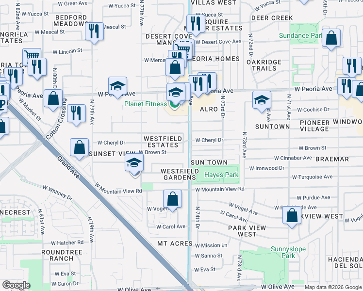 map of restaurants, bars, coffee shops, grocery stores, and more near 7513 West Cheryl Drive in Peoria