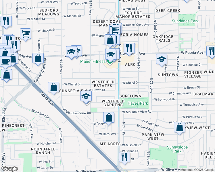 map of restaurants, bars, coffee shops, grocery stores, and more near 7601 West Cheryl Drive in Peoria