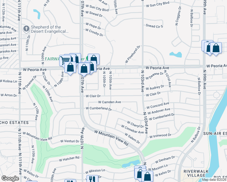 map of restaurants, bars, coffee shops, grocery stores, and more near 10427 West Audrey Drive in Sun City