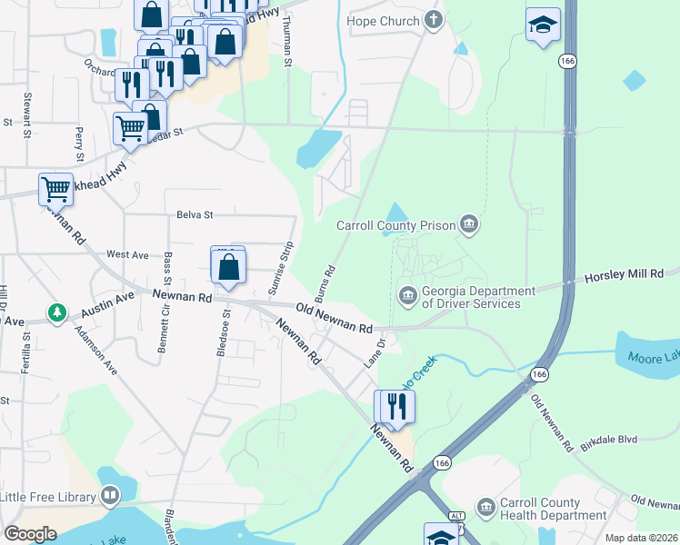 map of restaurants, bars, coffee shops, grocery stores, and more near 738 Burns Road in Carrollton