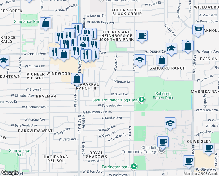 map of restaurants, bars, coffee shops, grocery stores, and more near 10022 North 64th Avenue in Glendale