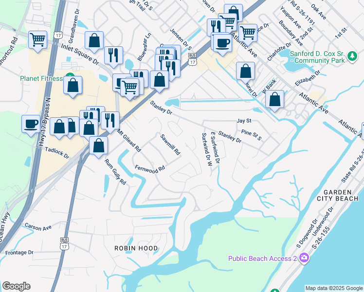 map of restaurants, bars, coffee shops, grocery stores, and more near 815 Mount Gilead Place Drive in Murrells Inlet