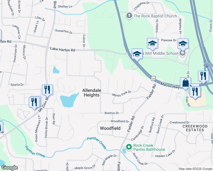 map of restaurants, bars, coffee shops, grocery stores, and more near 6493 Menlo Way in Rex