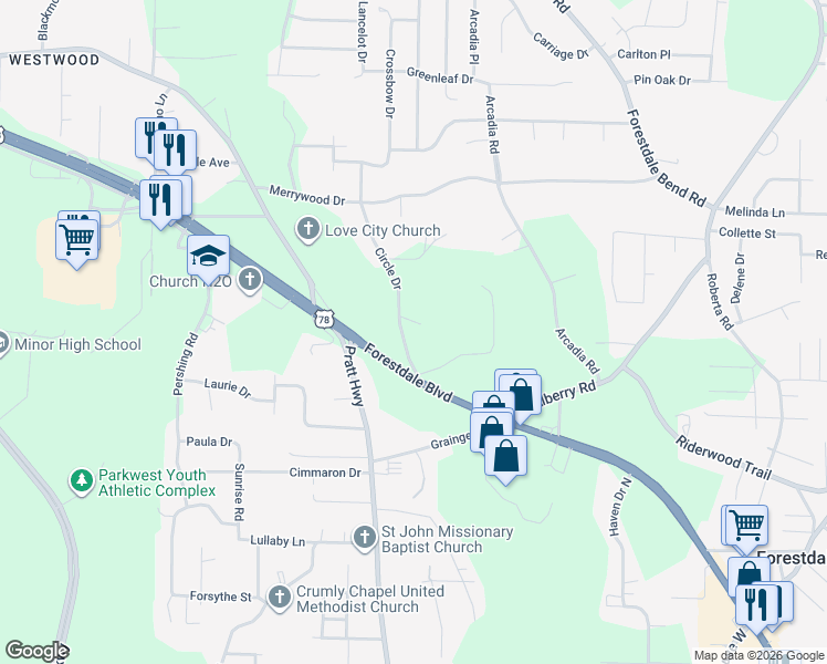 map of restaurants, bars, coffee shops, grocery stores, and more near 2137 Circle Drive in Forestdale