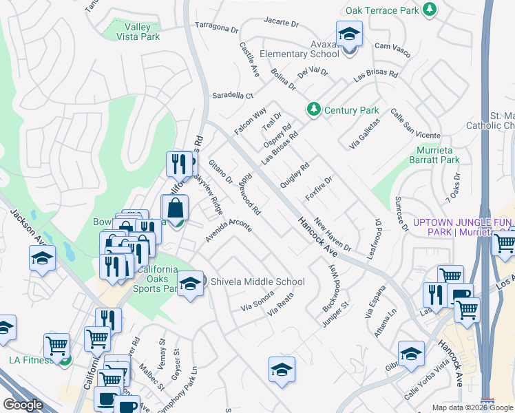 map of restaurants, bars, coffee shops, grocery stores, and more near 24438 Ridgewood Road in Murrieta