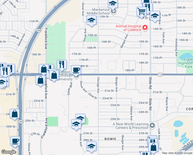 map of restaurants, bars, coffee shops, grocery stores, and more near 5413 19th Street in Lubbock