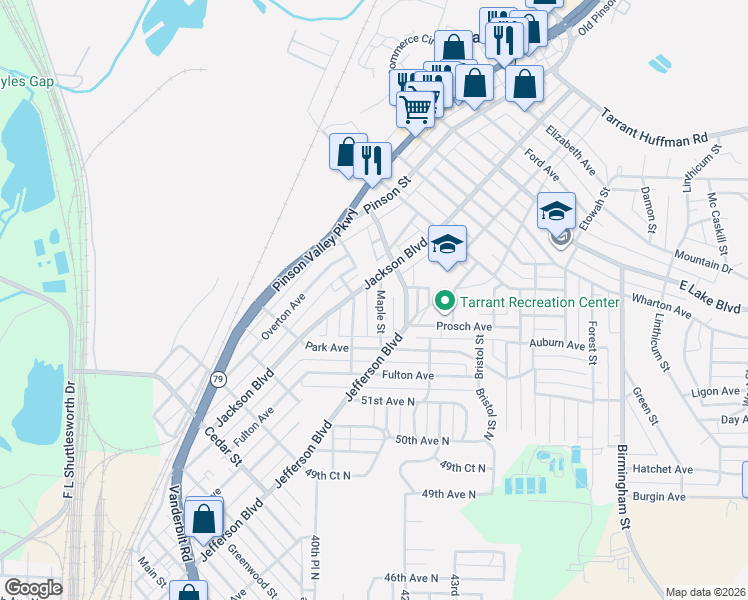 map of restaurants, bars, coffee shops, grocery stores, and more near 1101 Jackson Boulevard in Birmingham