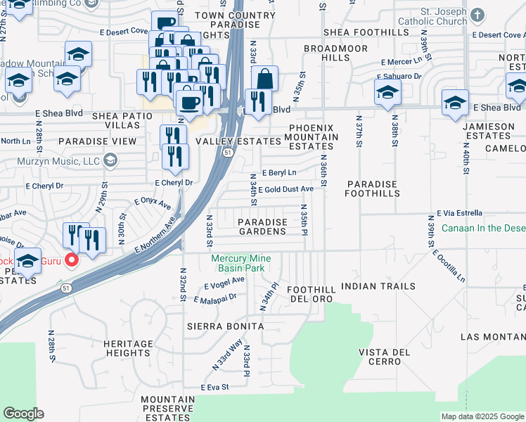 map of restaurants, bars, coffee shops, grocery stores, and more near 10009 North 34th Place in Phoenix