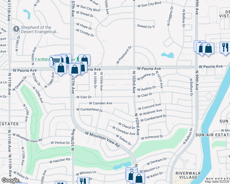 map of restaurants, bars, coffee shops, grocery stores, and more near 10363 West Audrey Drive in Sun City