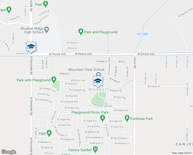 map of restaurants, bars, coffee shops, grocery stores, and more near 18302 West Burton Avenue in Waddell