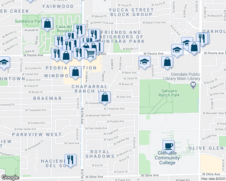 map of restaurants, bars, coffee shops, grocery stores, and more near 10022 North 64th Avenue in Glendale