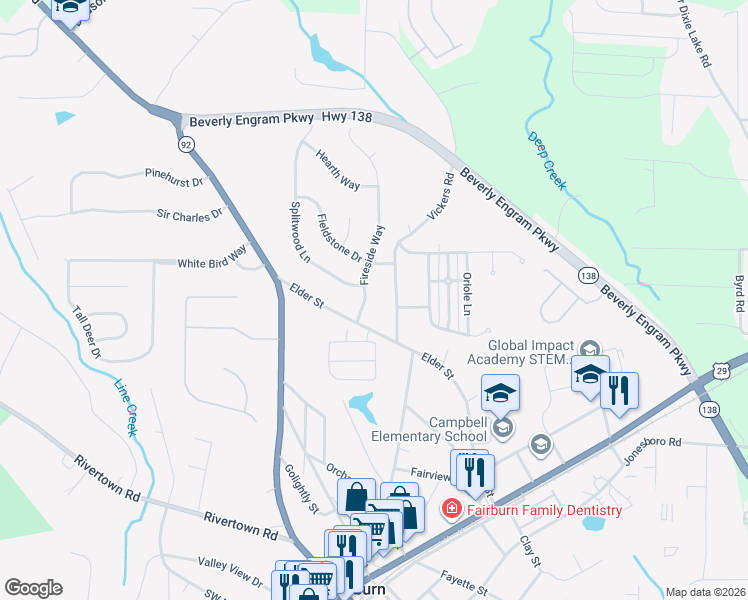map of restaurants, bars, coffee shops, grocery stores, and more near 39 Fireside Way in Fairburn