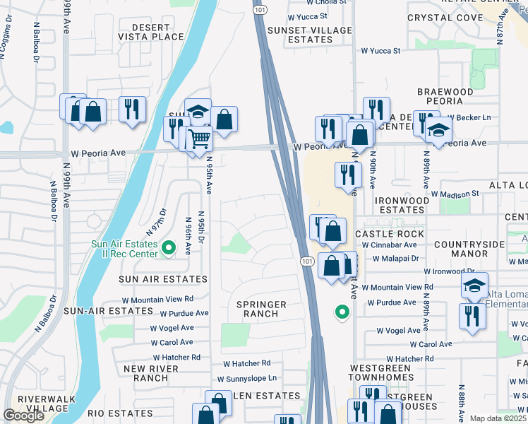 map of restaurants, bars, coffee shops, grocery stores, and more near 9246 West Monroe Street in Peoria