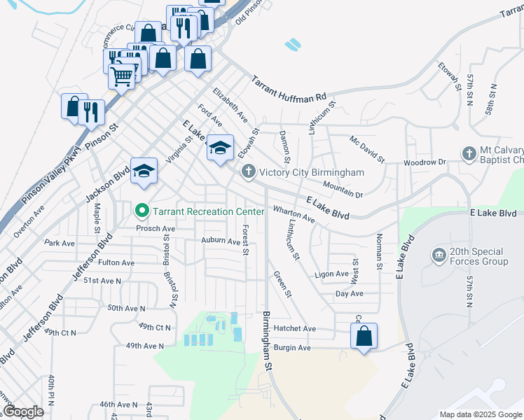 map of restaurants, bars, coffee shops, grocery stores, and more near 1249 Forest Street in Birmingham
